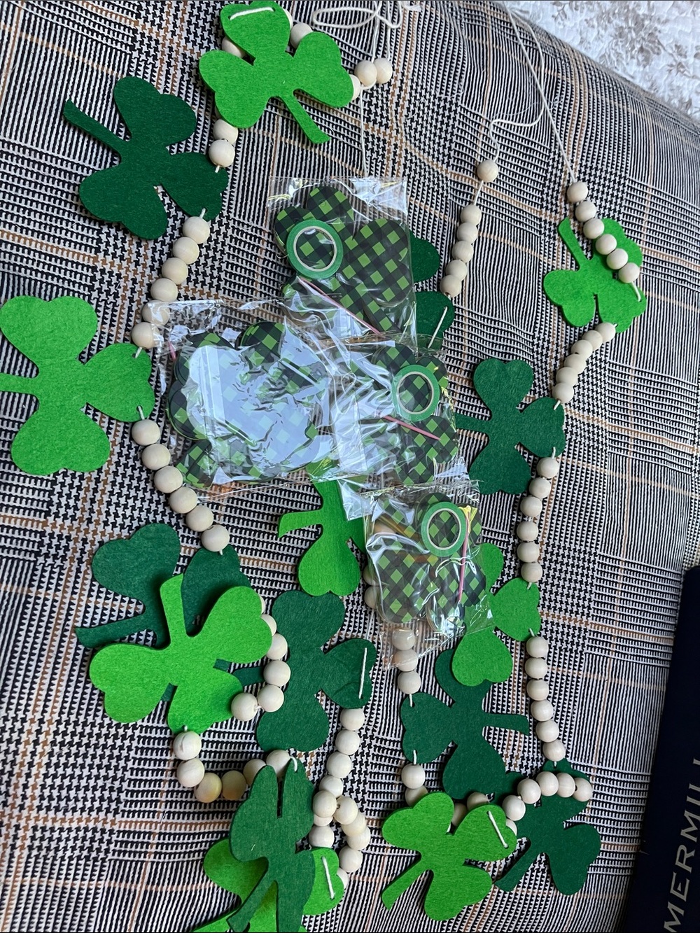 Green felt Shamrock Garland and St. Patrick's Day plaid paper garland